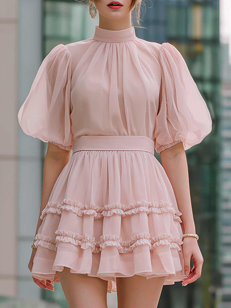 High Neck Puff Sleeve Tiered Ruffle Mini Dress