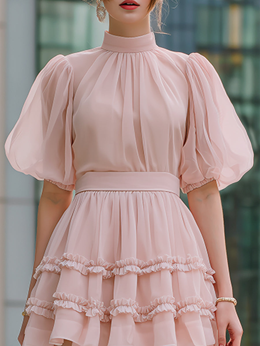 High Neck Puff Sleeve Tiered Ruffle Mini Dress