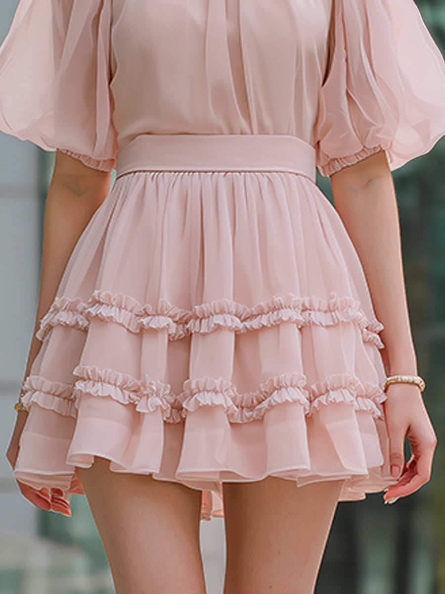 High Neck Puff Sleeve Tiered Ruffle Mini Dress