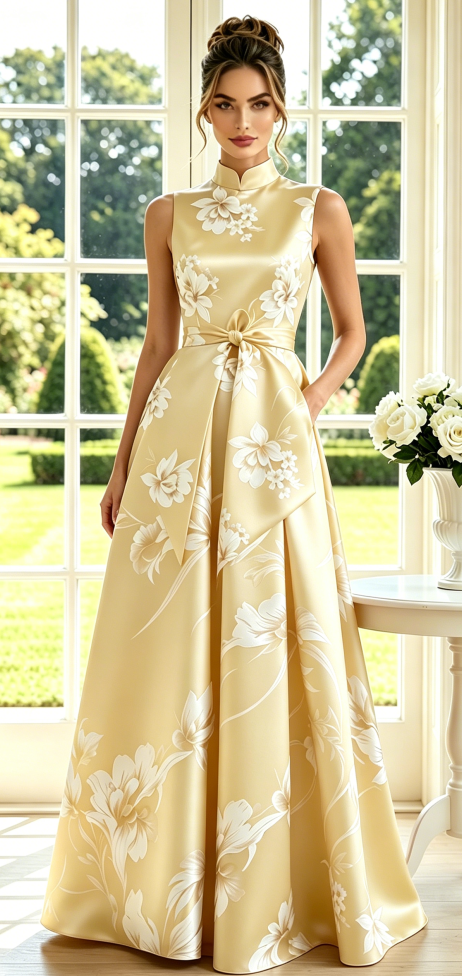 High-Neck Floral A-Line Maxi Dress with Pockets