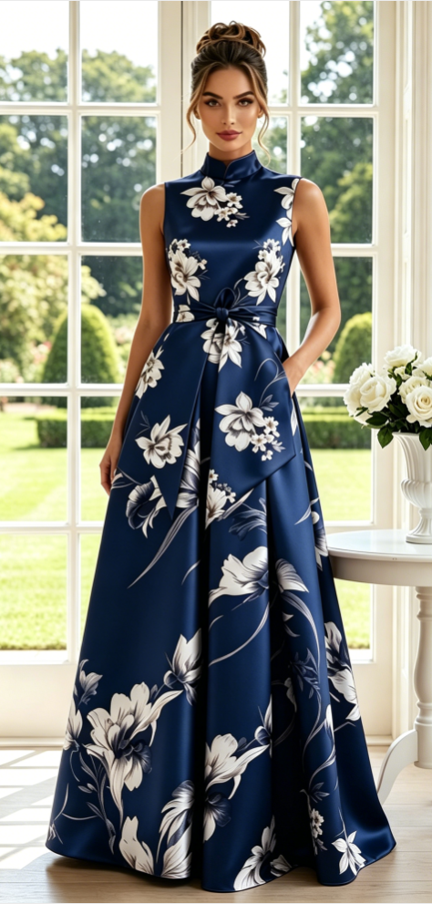 High-Neck Floral A-Line Maxi Dress with Pockets