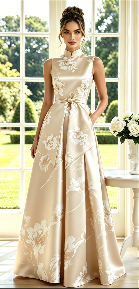 High-Neck Floral A-Line Maxi Dress with Pockets