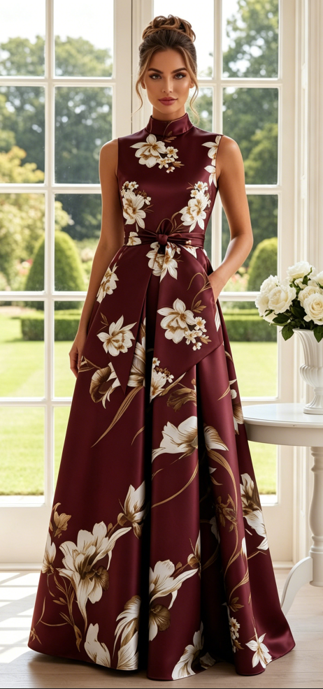 High-Neck Floral A-Line Maxi Dress with Pockets