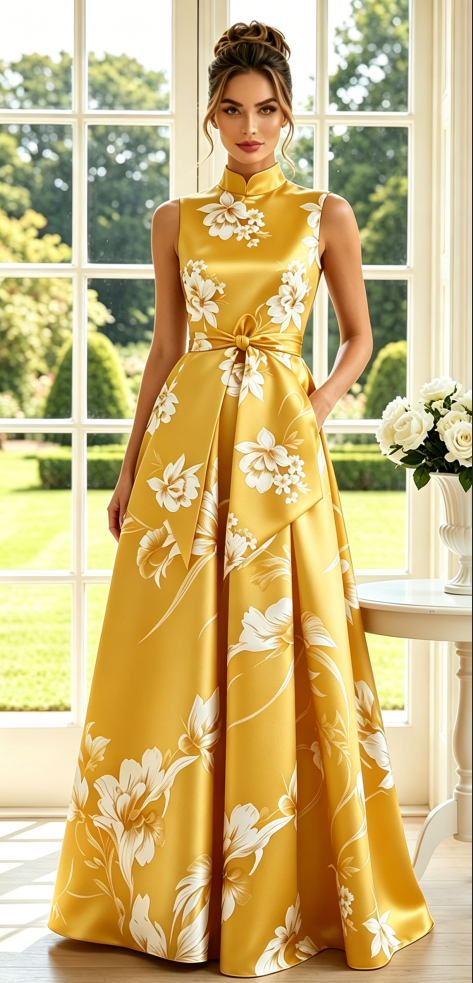 High-Neck Floral A-Line Maxi Dress with Pockets