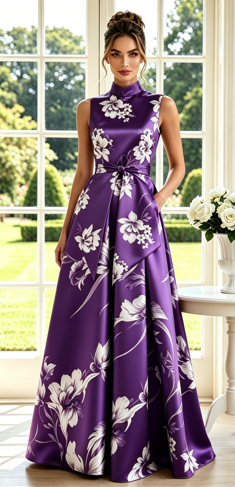 High-Neck Floral A-Line Maxi Dress with Pockets