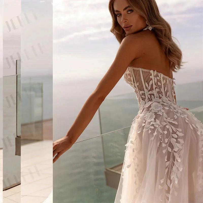 Fashion Strapless 3D Flower Lace Applique Wedding Dresses Sweep Train Custom Bridal Grown Vestido De Noival (ZD13432)