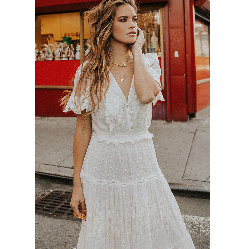 Wear V neck Short Sleeve Lace Dress