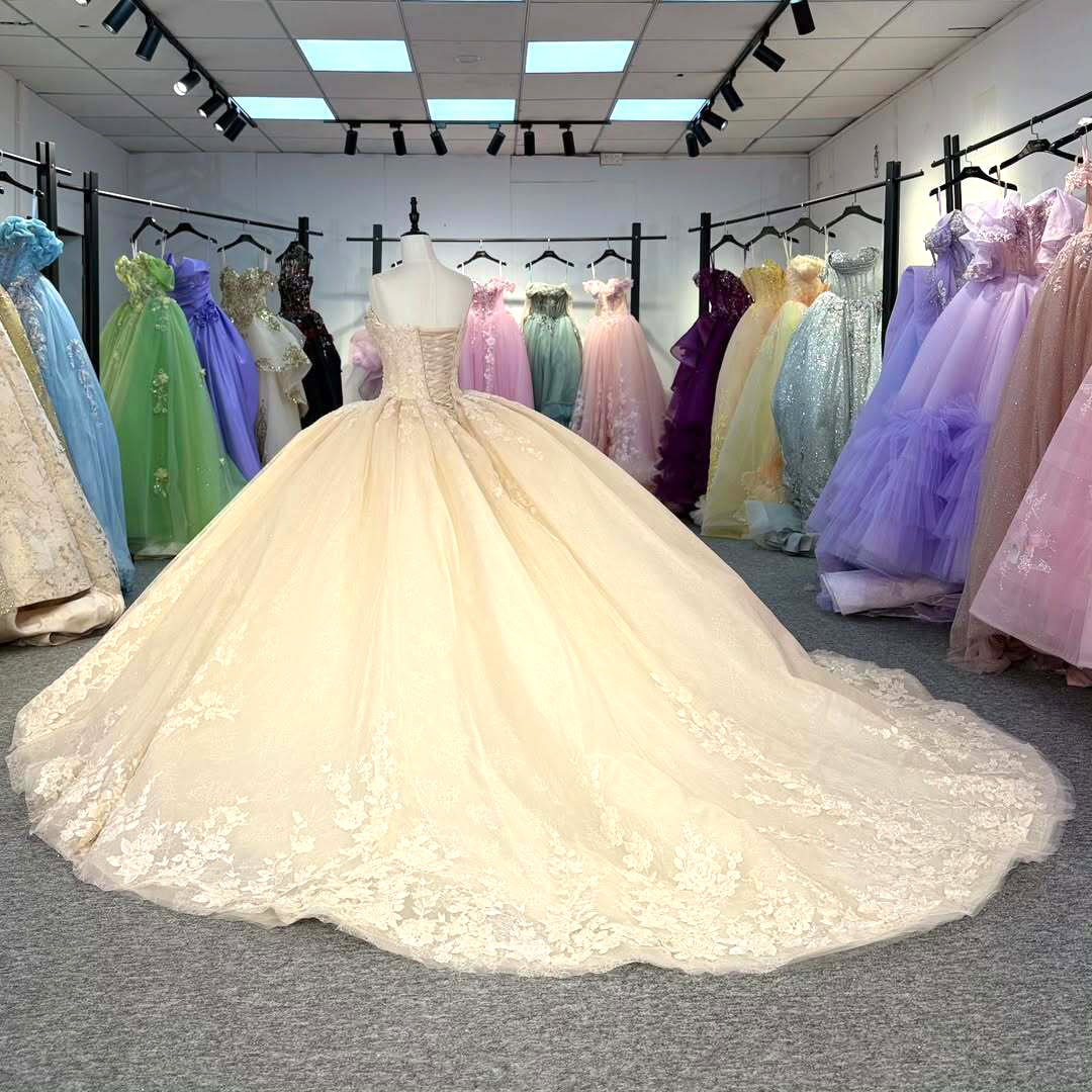Gorgeous A Line Sweetheart Champagne Quinceanera Dress with Appliques Criss Cross Up - View 7 | VelvetHem