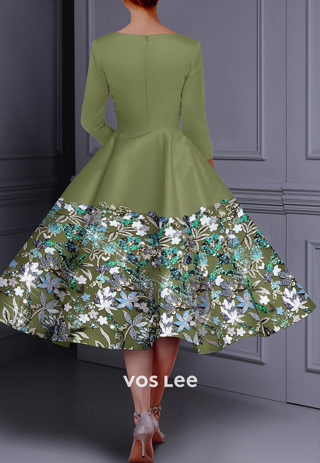 Couture & Ornate  A-Line Scoop 3/4 Sleeve Appliques Pleated Evening Dresses