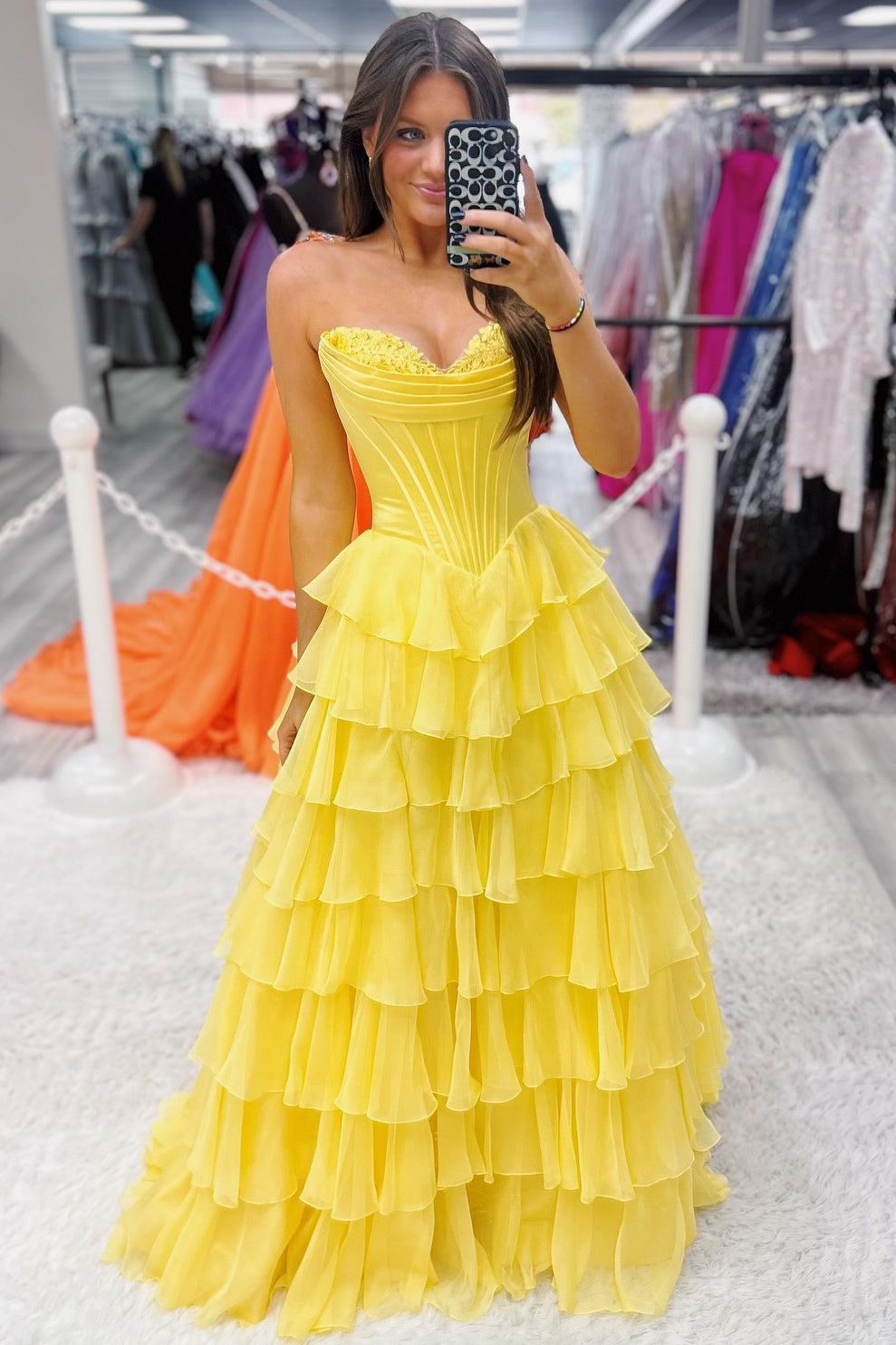 Stunning A-Line Sweetheart Satin Top Long Tiered Chiffon Prom Dress with Slit - View 14 | VelvetHem