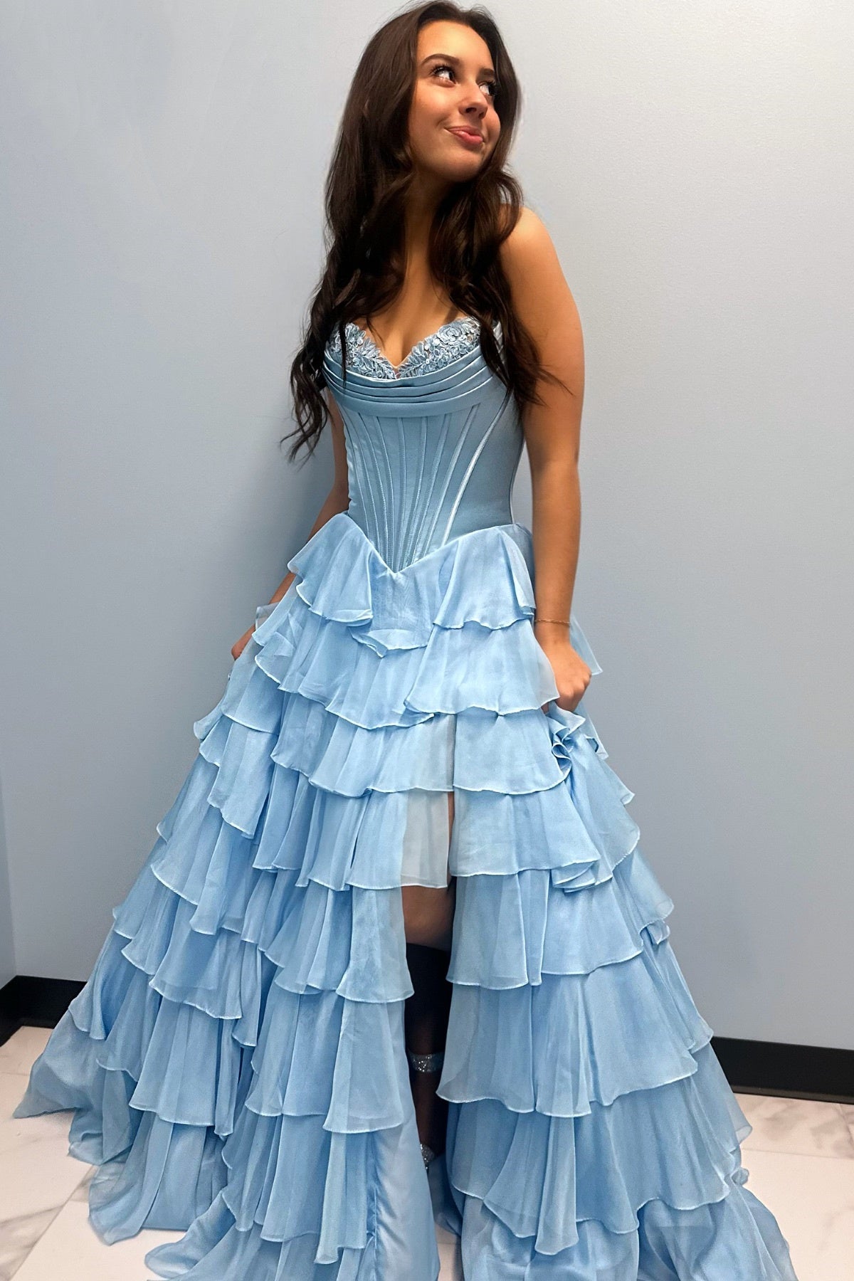 Stunning A-Line Sweetheart Satin Top Long Tiered Chiffon Prom Dress with Slit - View 10 | VelvetHem