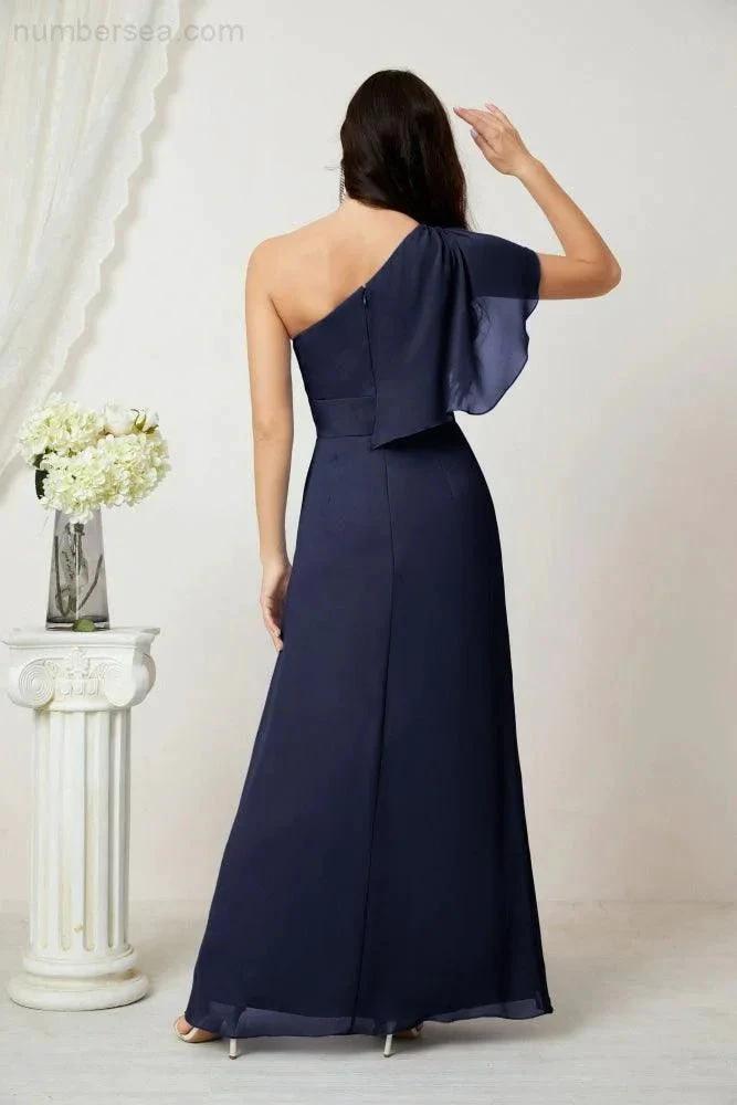 ZapDress  Chiffon Ruffled One Shoulder Long Bridesmaid Dresses A-line Formal Evening Gown Side Split 2809 (ZD17049)
