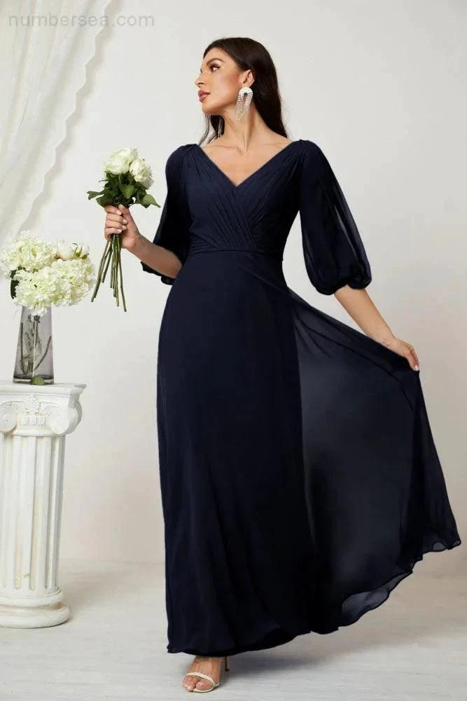 ZapDress  Formal Prom Gown Women V-Neck Chiffon Bridesmaid Dresses Long Bishop Sleeve Party Dress 2807 (ZD17027)