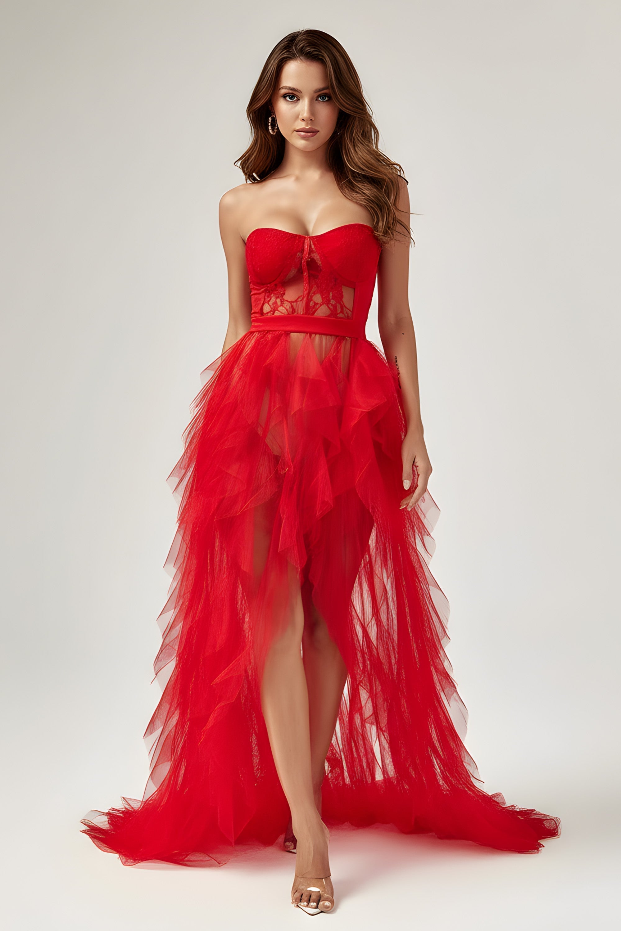 Strapless Lace Corset Maxi Dress With Tiered Ruffle Tulle Skirt