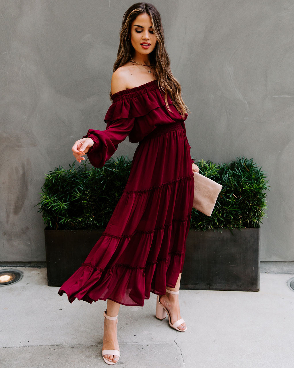 Alicia Off The Shoulder Tiered Midi Dress Burgundy