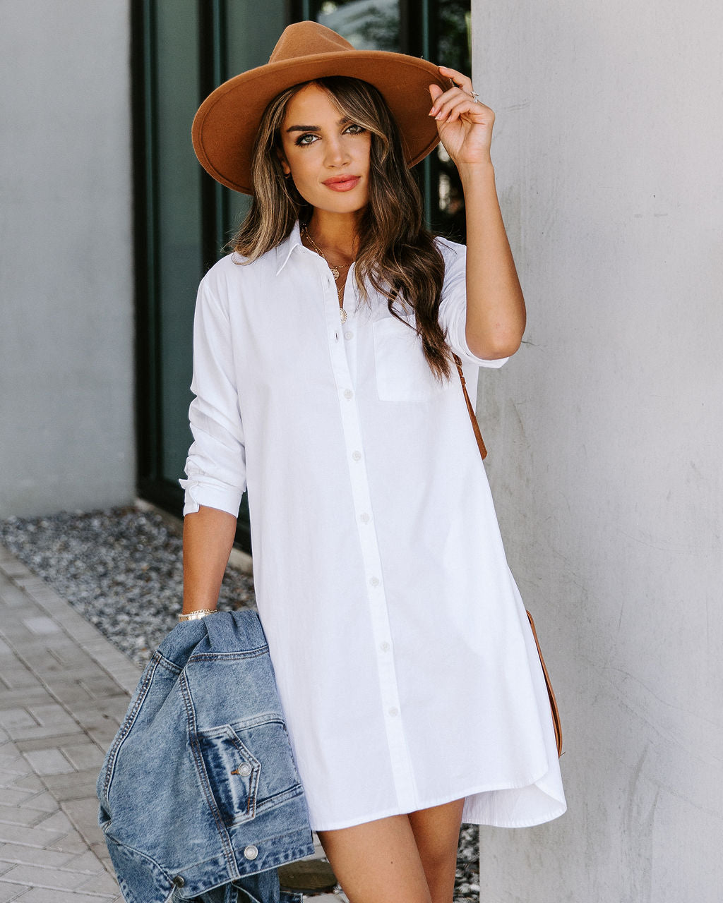 Risky Business Pocketed Button Down Shirt Dress White