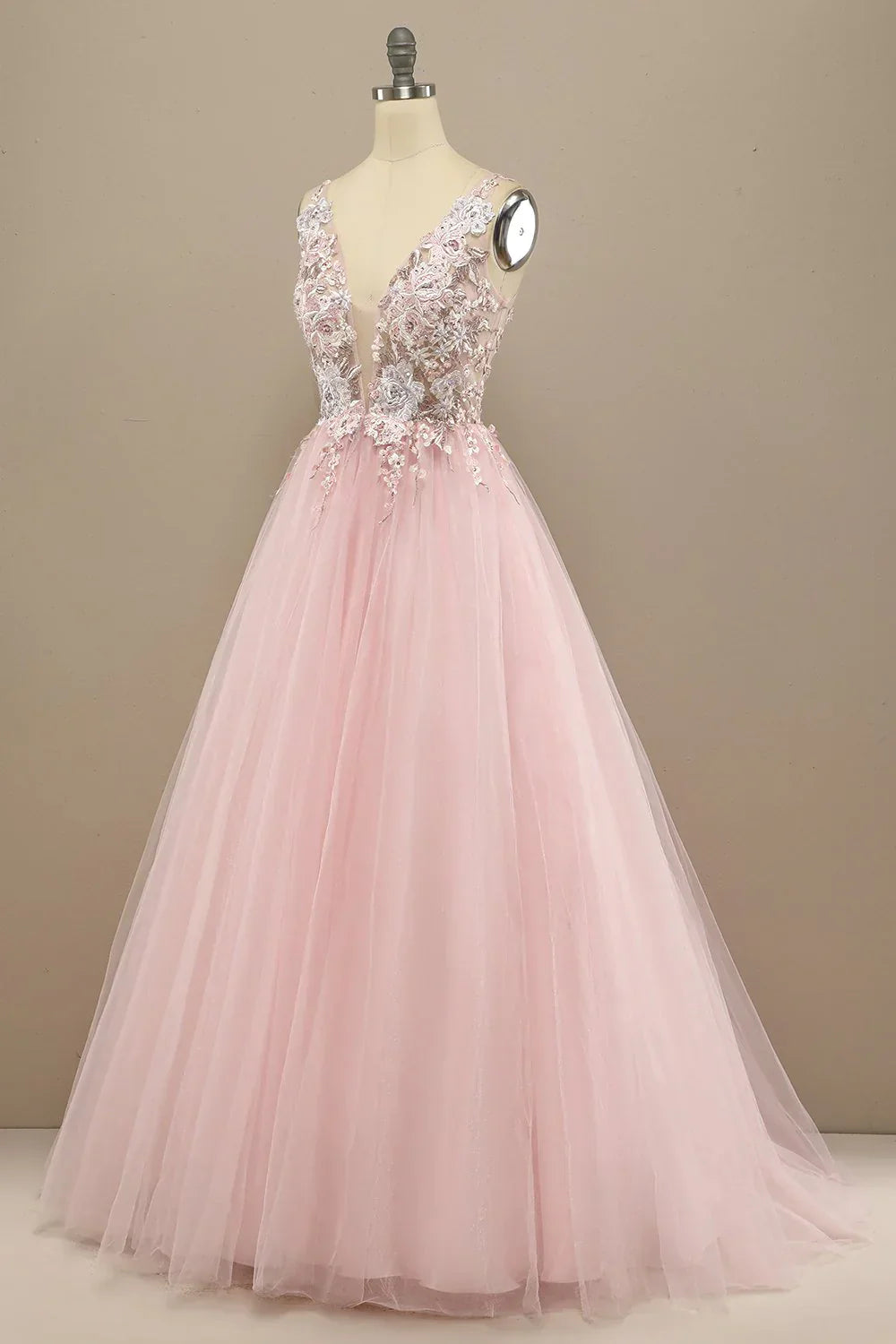 Pink Floral Embroidery V Neck Long Prom Dress