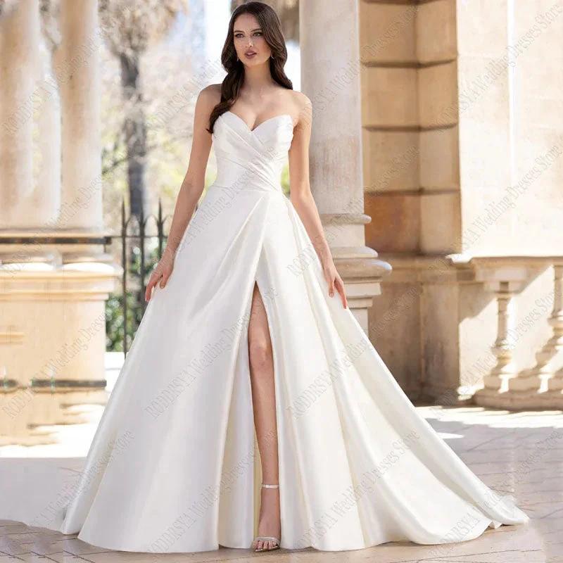 Strapless Satin Wedding Dresses For Women Bridal Party Gowns Sexy High Slit Modern Custom Made 2023 (ZD13425)
