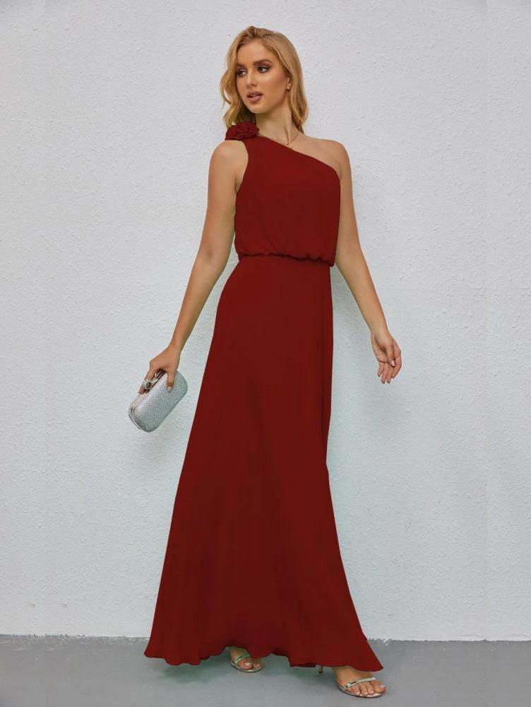 Ruffled One Shoulder Sleeveless Long Bridesmaid Dresses A-line Formal Evening Gown Side Split 28080 by numbersea