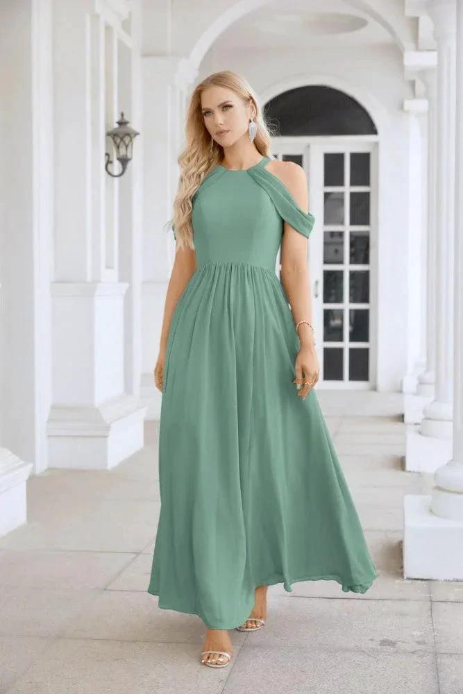 Ladies Chiffon Off Shoulder Swing Sleeve Front Slit Bridesmaid Evening Dress Wedding Party Evening Dress 28117 by numbersea