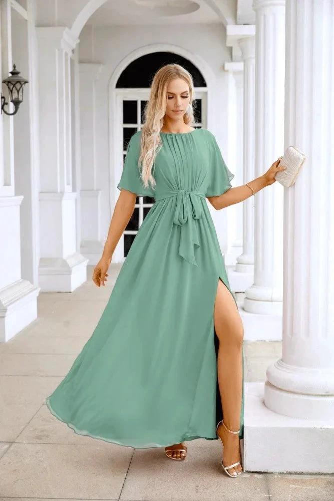 Ladies Chiffon Sleeve Crew Neck Front Slit Floor Length Bridesmaid Evening Dress Wedding Party Evening Dress 28124 by numbersea