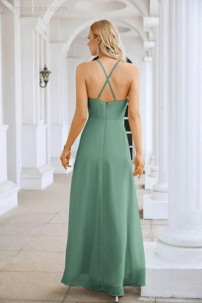 Ladies Chiffon Spaghetti Strap V Neck Front Slit Floor Length Bridesmaid Evening Dress Prom Party Wedding Evening Dress 28116 (ZD17012)