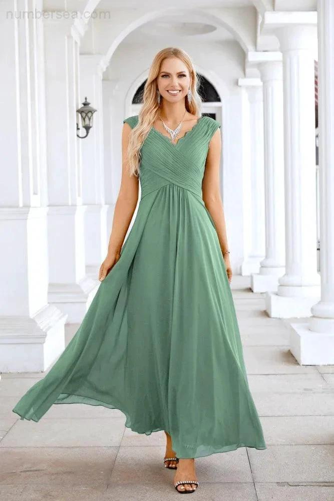 Ladies Chiffon V Neck Sleeveless Floor Length Bridesmaid Evening Dress Wedding Party Evening Dress 28126 (ZD16989)