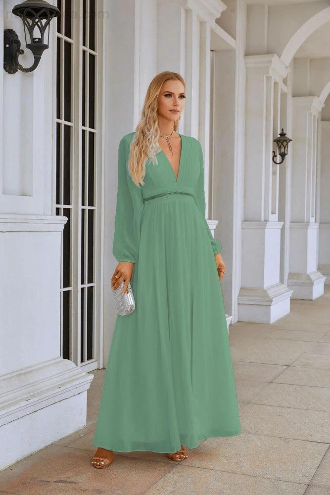 Ladies V Neck Chiffon Long Sleeve Front Slit Bridesmaid Evening Dress Wedding Party Shopping Evening Dress 28109 (ZD16991)