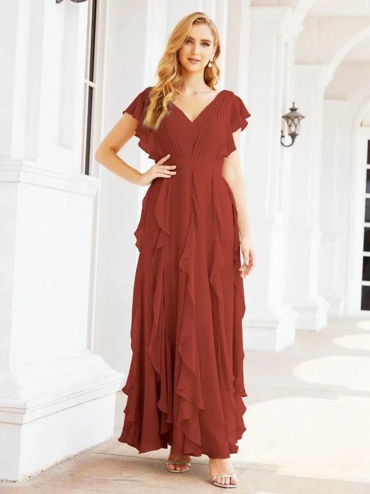 Ruffled Bridesmaid Dresses with Sleeves Long Formal Party Dress 28041 by numbersea