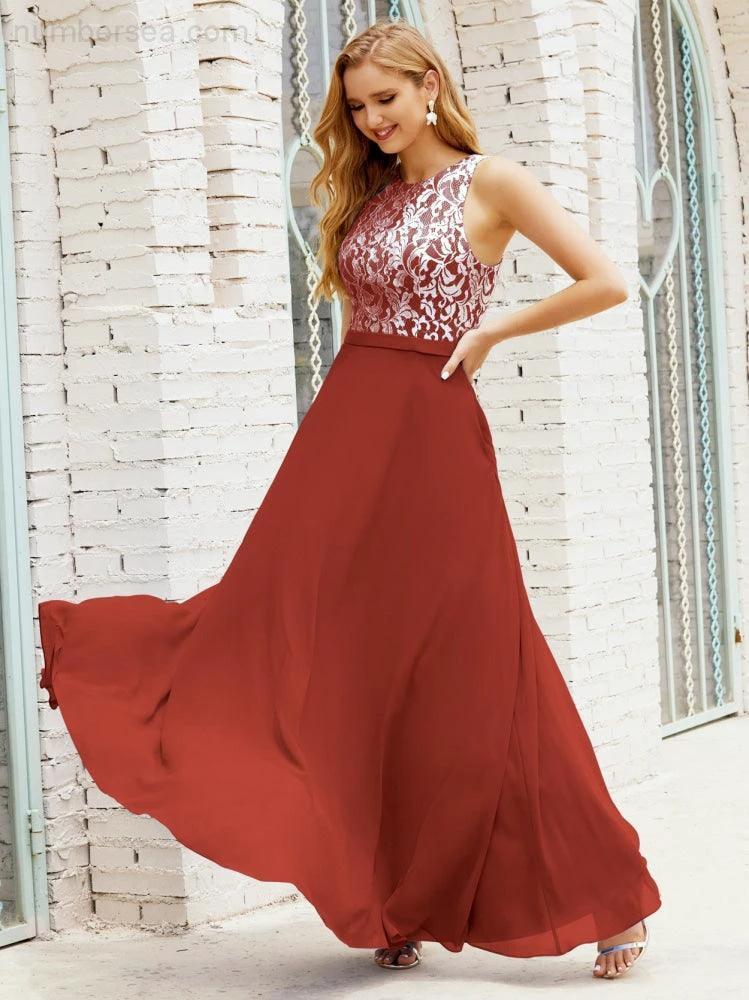 Lace Bridesmaid Dress Floor Length Evening Gowns with Pockets 28017 (ZD16964)