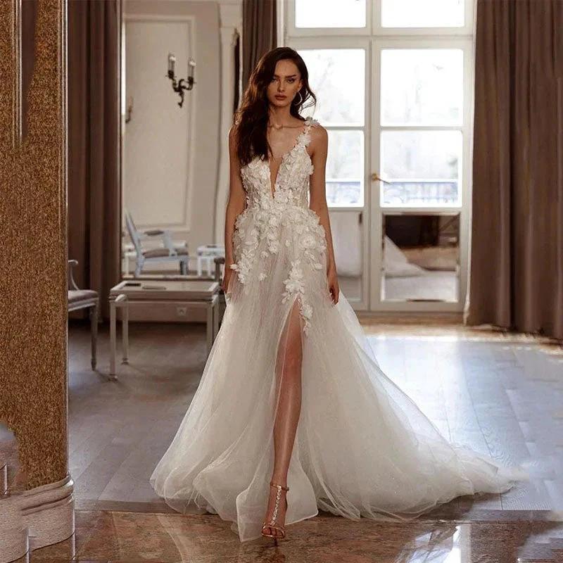 Sexy Backless Wedding Dresses For Woman V Neck Appliques Bridal Gowns Bohemian Princess Customize Tulle Vestidos (ZD13397)