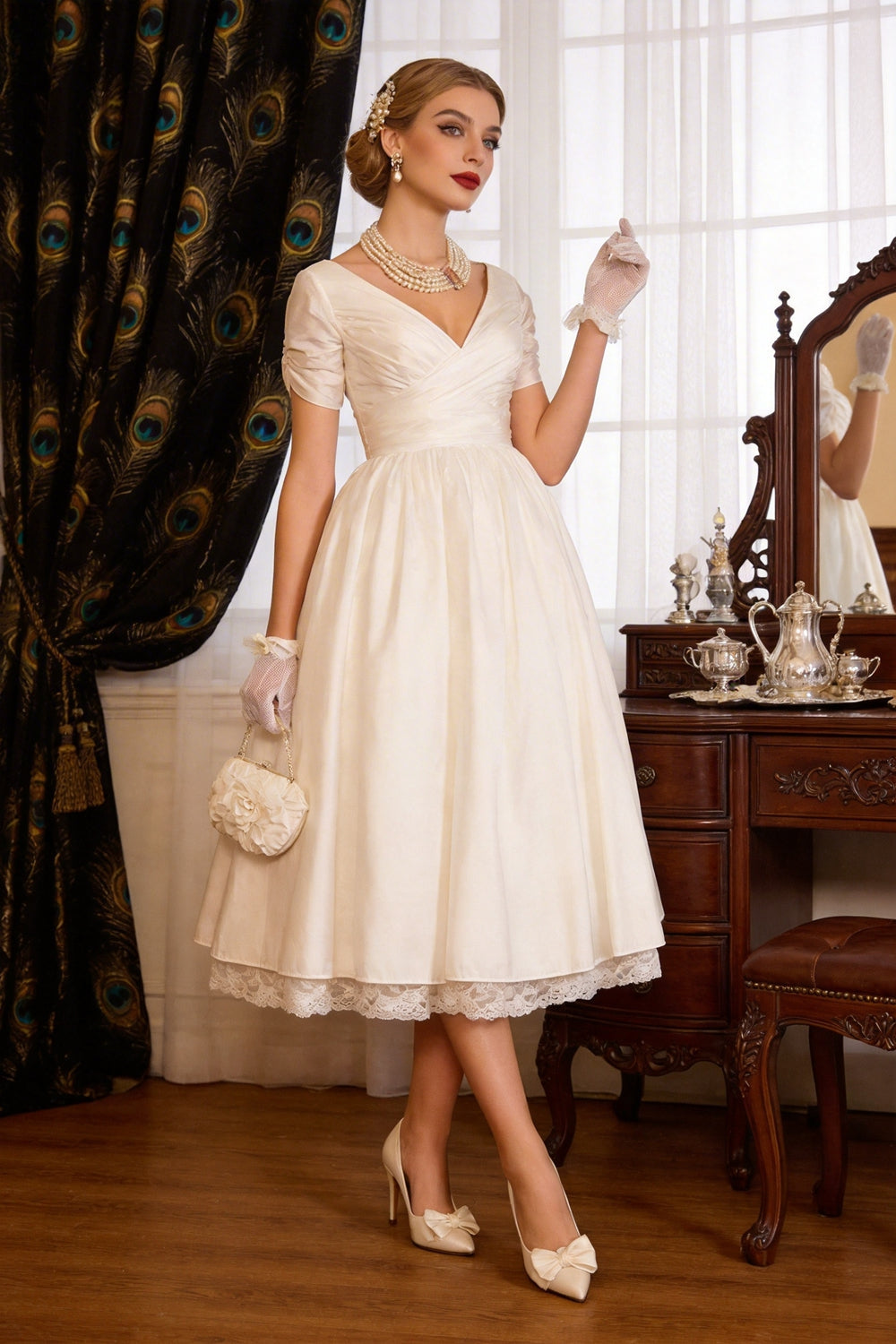 1950s Vintage Short A-Line V Neck Wedding Dresses with Sleeves (ZD15957)