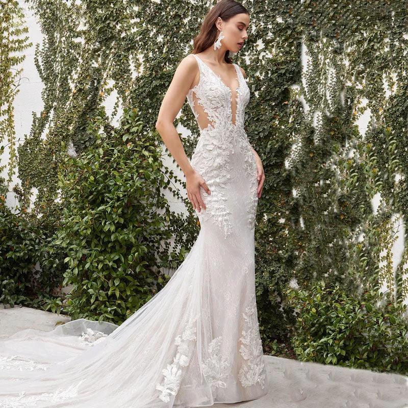 V-neck Wedding Dresses For Women 2024 Backless Mermaid Lace Appliques Floor-length Backless Customized Vestidos De Novia (ZD13416) - VelvetHem