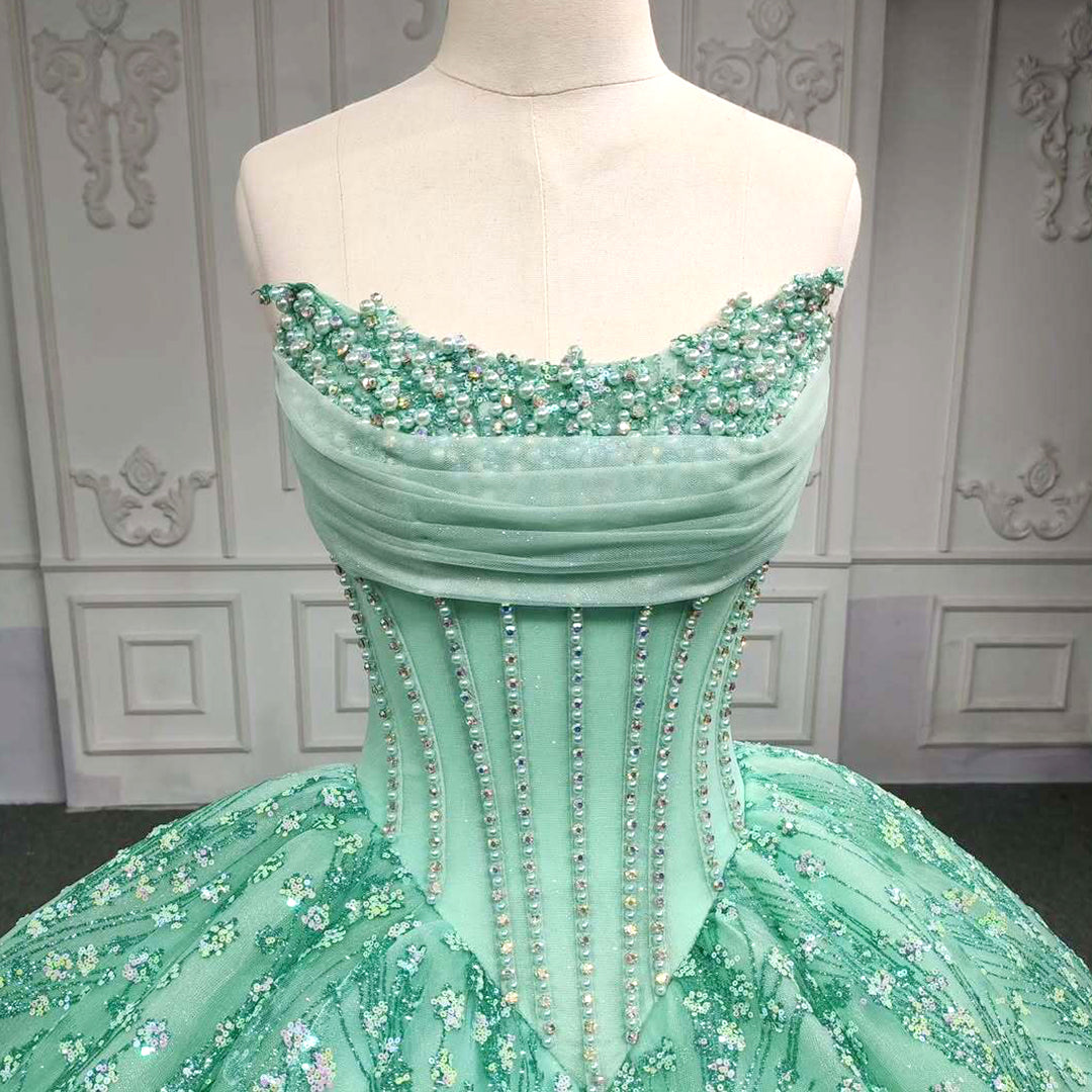 Charming A Line Strapless Light Green Quinceanera Dress with Beading Appliques