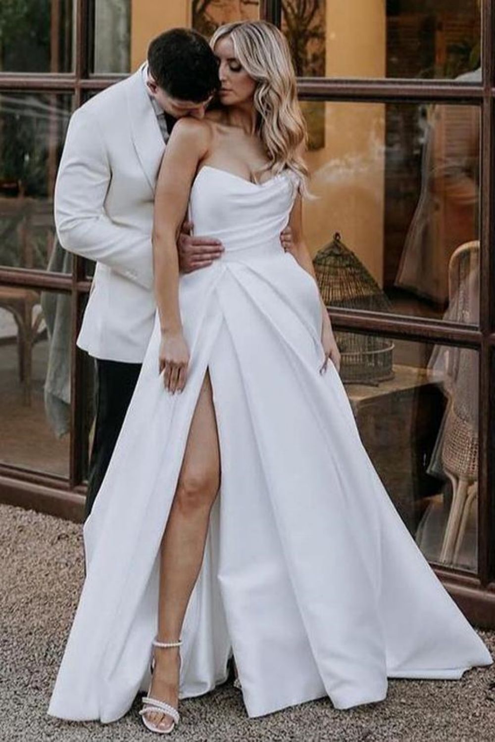 Simple A Line Sweetheart White Long Wedding Dress with Split Front - View 5 | VelvetHem