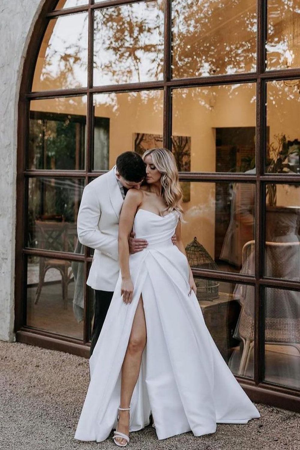 Simple A Line Sweetheart White Long Wedding Dress with Split Front - View 2 | VelvetHem