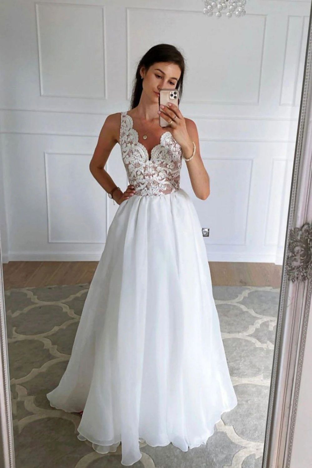 Classic A Line V Neck White Bridal Dress with Appliques - View 2 | VelvetHem