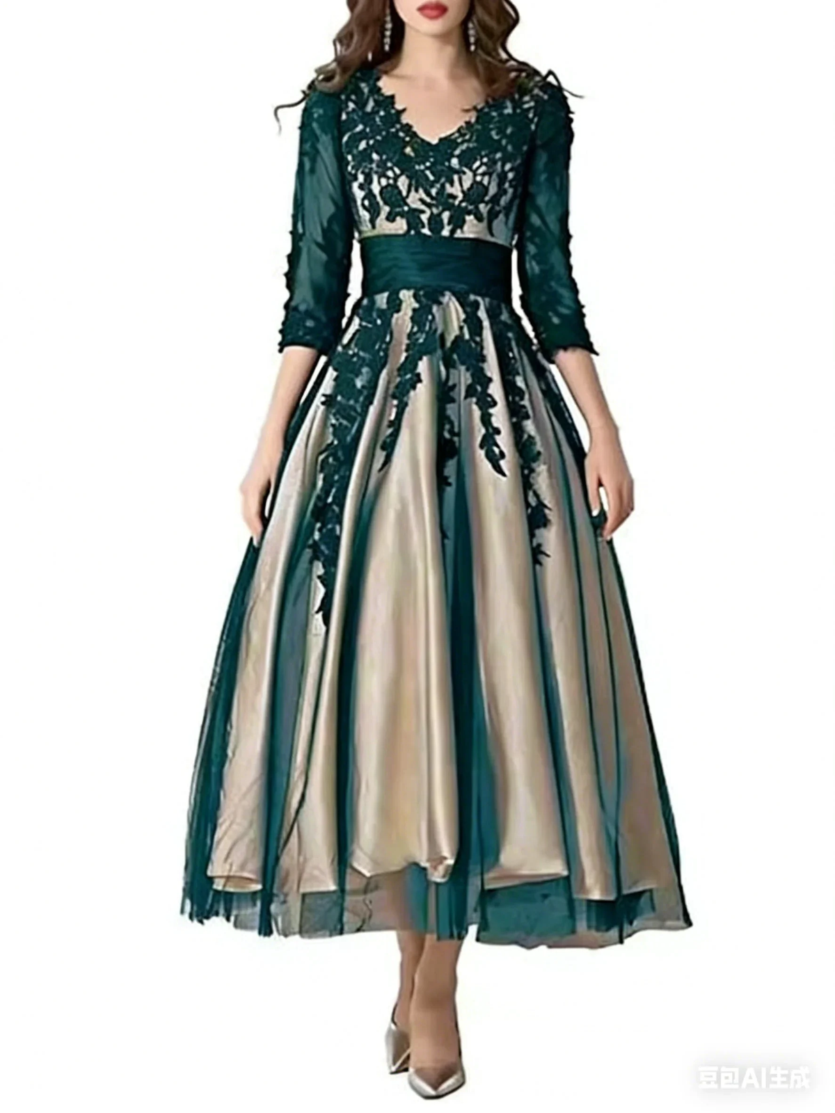 Dark green lace patchwork satin mid length dress (ZD16760)