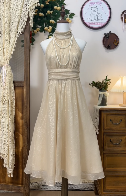 Sparkly Champagne Tulle Sequin A Line Formal Homecoming Dress Halter Birthday Dress - View 3 | VelvetHem