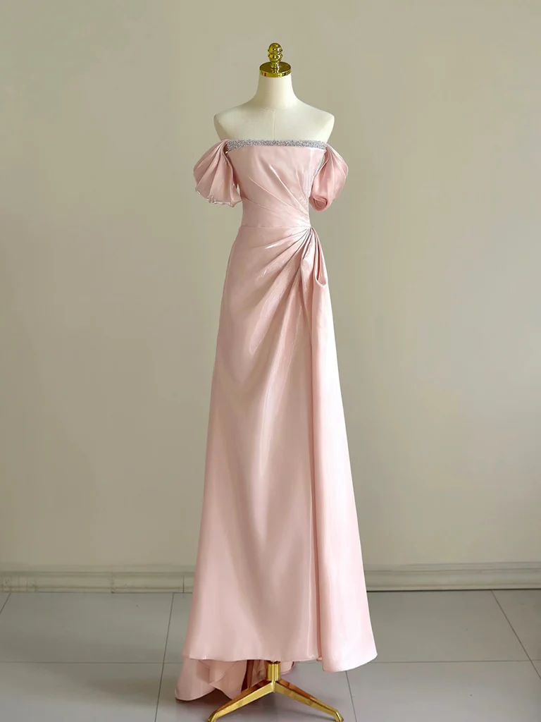 Pretty Off Shoulder Pink Long Prom Dress Formal Evening Dress With Beads Y8049 - VelvetHem