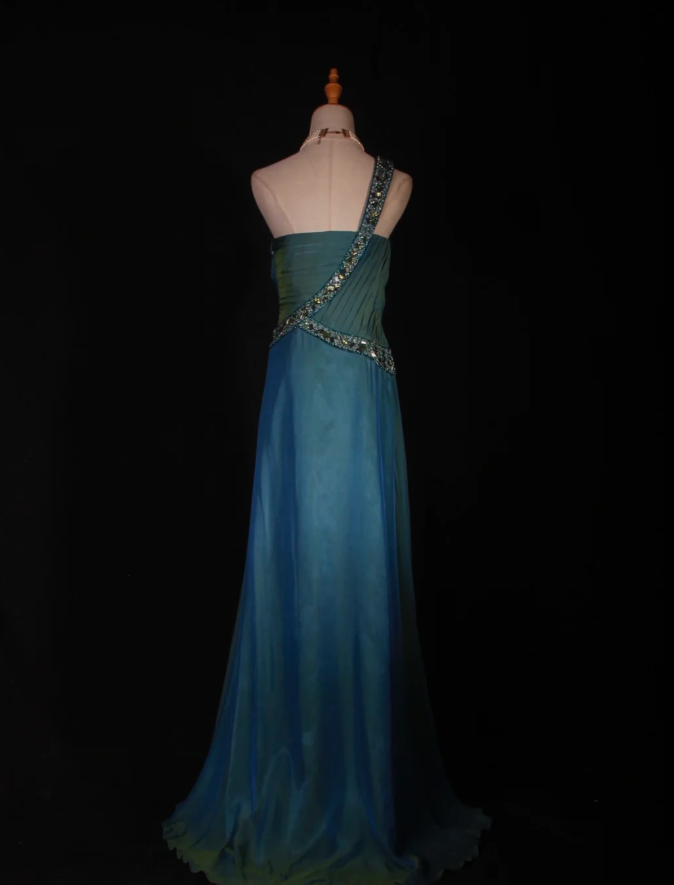 Unique Blue One Shoulder Satin Pleated Beaded Mermaid Prom Dress Long Birthday Evening Gowns - View 5 | VelvetHem