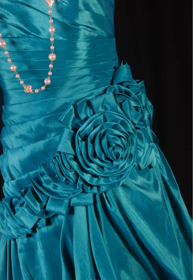 Vintage Strapless Blue Green Satin Pleated Floral Mermaid Long Party Dress Evening Gown - View 3 | VelvetHem
