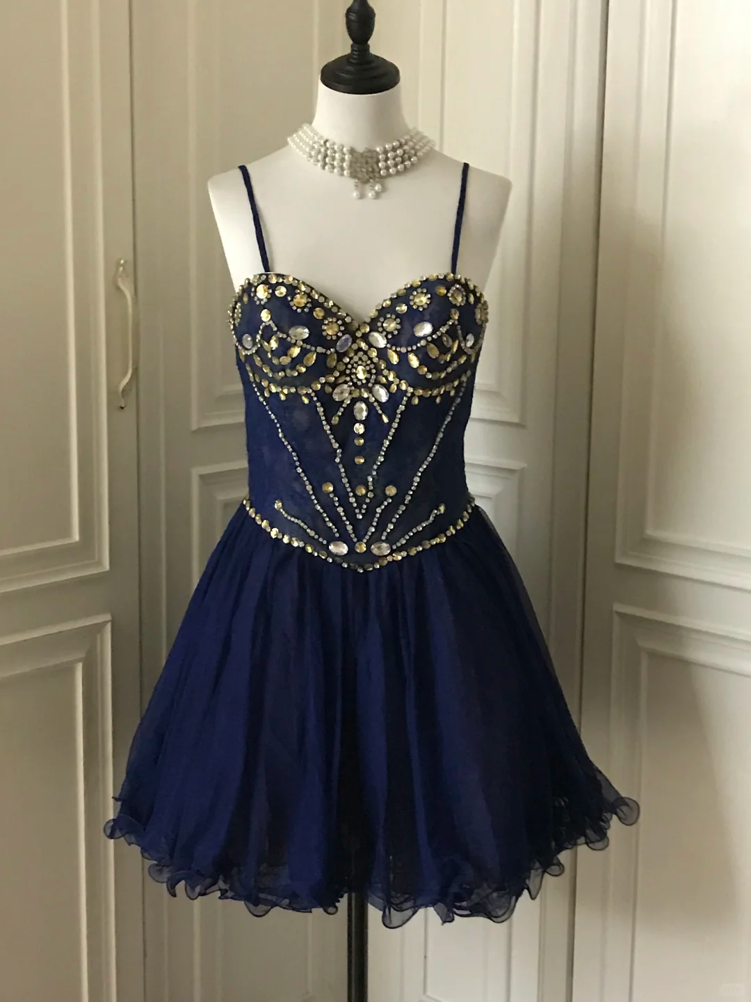 Vintage Navy Blue Lace Beaded A Line Homecoming Dress Birthday Dress