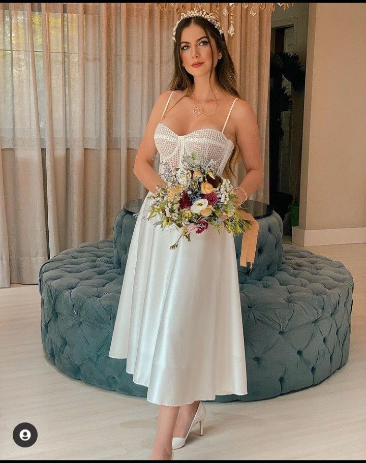 A-line White Midi-length Wedding Dress,White Engagement Dress - VelvetHem