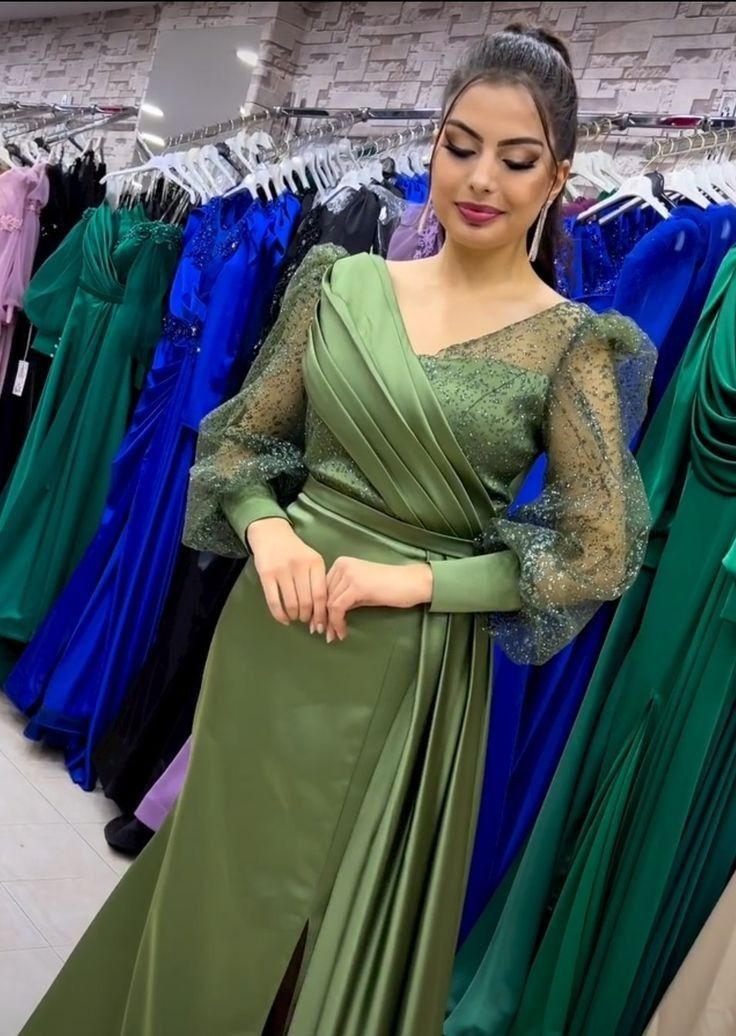 Modest Green Long Sleeves Prom Dress,Fashion Prom Gown