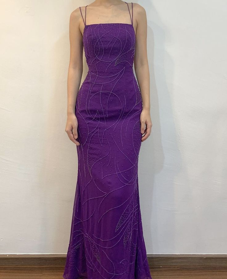 Pretty Spaghetti Straps Mermiad Beaded Evening Dress Purple Long Party Prom Dress
