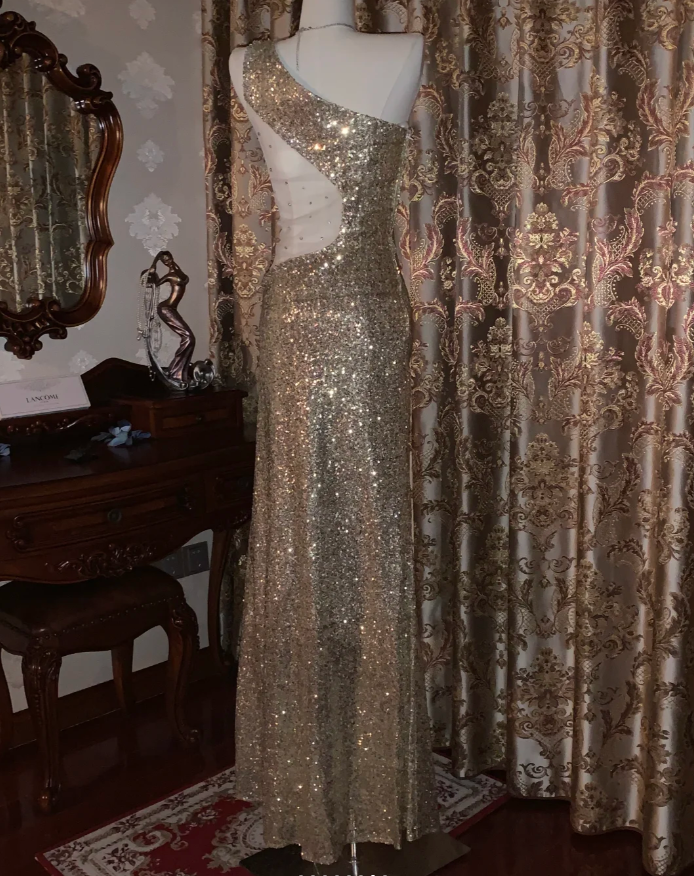 Sparkly Gold One Shoulder Sequin Mermaid Evening Dress Long Party Gown - View 7 | VelvetHem