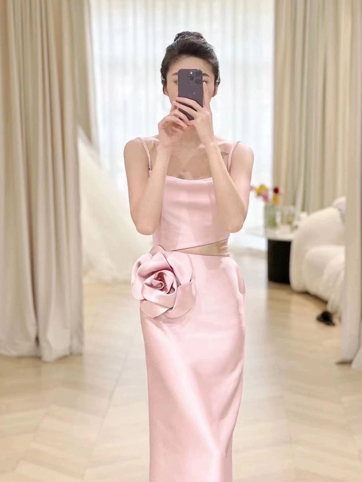 Elegant Pink Straps Sheath Prom Dress Evening Dress With Rose Flowers - View 4 | VelvetHem