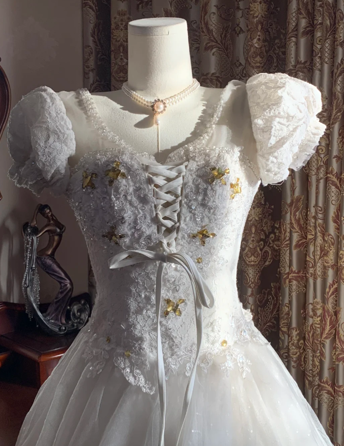 Classy White Ball Gown Tulle Lace Beaded Long Wedding Dress Formal Bridal Dress - View 9 | VelvetHem