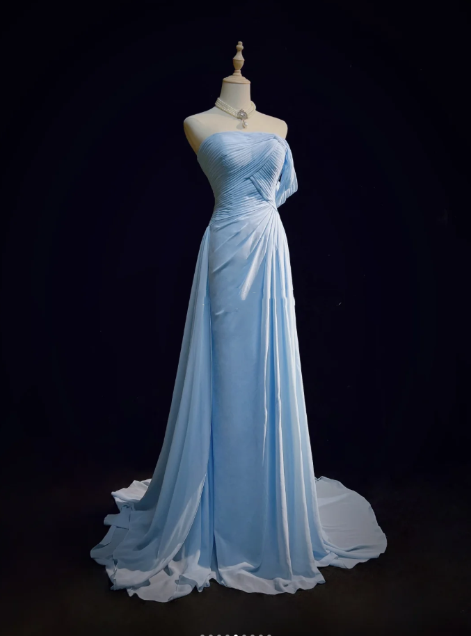Classy Sky Blue One Shoulder Chiffon Pleated Mermaid Party Dress Long Wedding Guest Dress Evening Gown - View 3 | VelvetHem